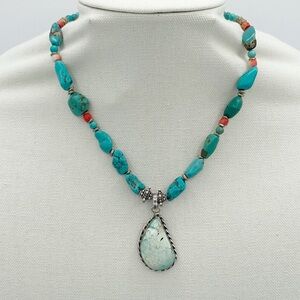 Vintage Turquoise & Coral Sterling Silver Pendant Necklace